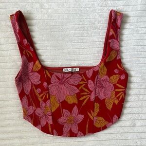 Zara Red Sleeveless Crop Top with Pink Floral Design